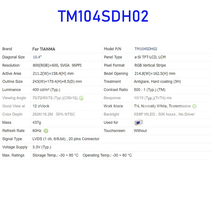 TM104SDH02 Painel de tela LCD original de 10,4 polegadas para TIANMA novo e envio rápido 100% testado