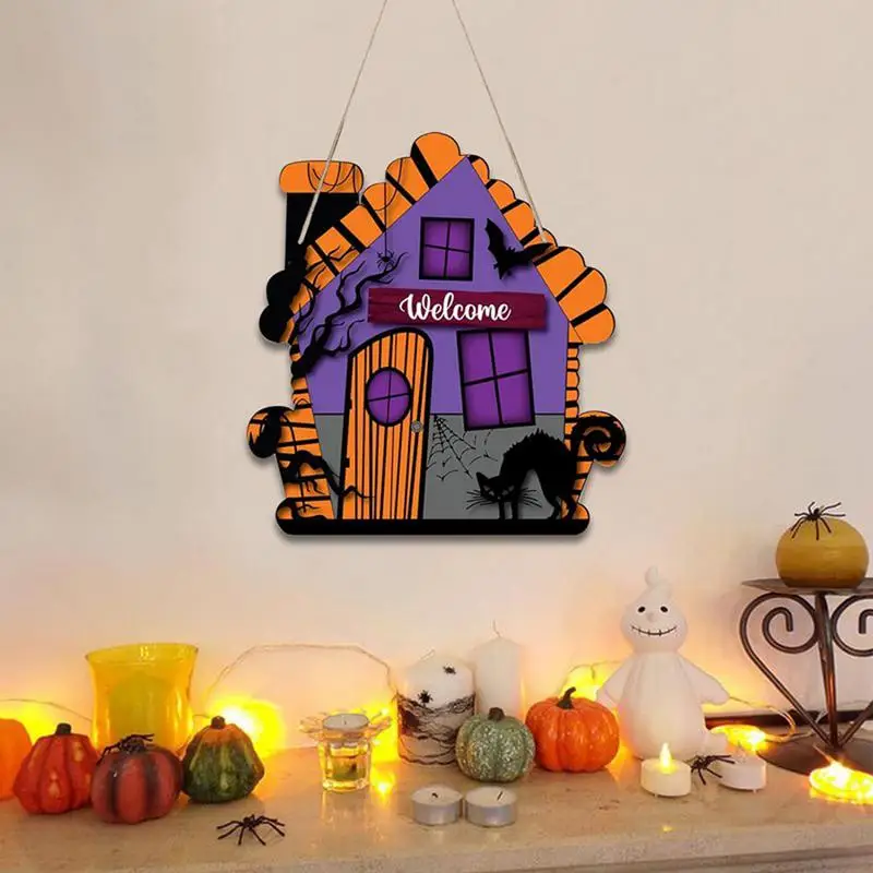 Halloween Hanging Door Wall Decor Wooden Plaque Happy Halloween Sign Haunted House Pattern