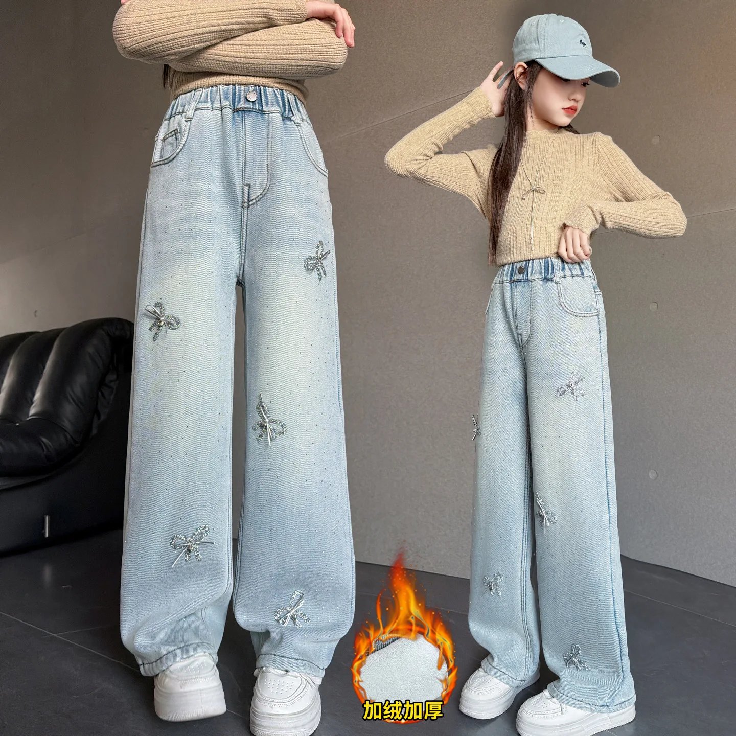 

Kids Winter Thermal Patches Jeans with Bow For Tween Girls Loose Straight Insulated Denim Trousers Children Warm Fleece Pants