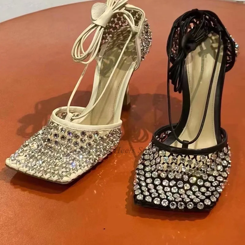 Square Toe Mesh Dimaond Lace up Sandals Colorful Leather Sexy Crystal  High Heels Women's 2025 Luxury Designer Party Shoes view 6