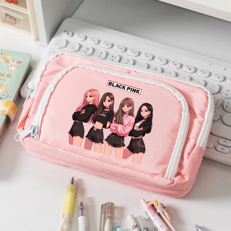 BlackPink Large Capacity Canvas Pencil Case for Students Kpop BP Cartoon Printed Pen Bag Fashion Stationery Storage Pouch Gifts