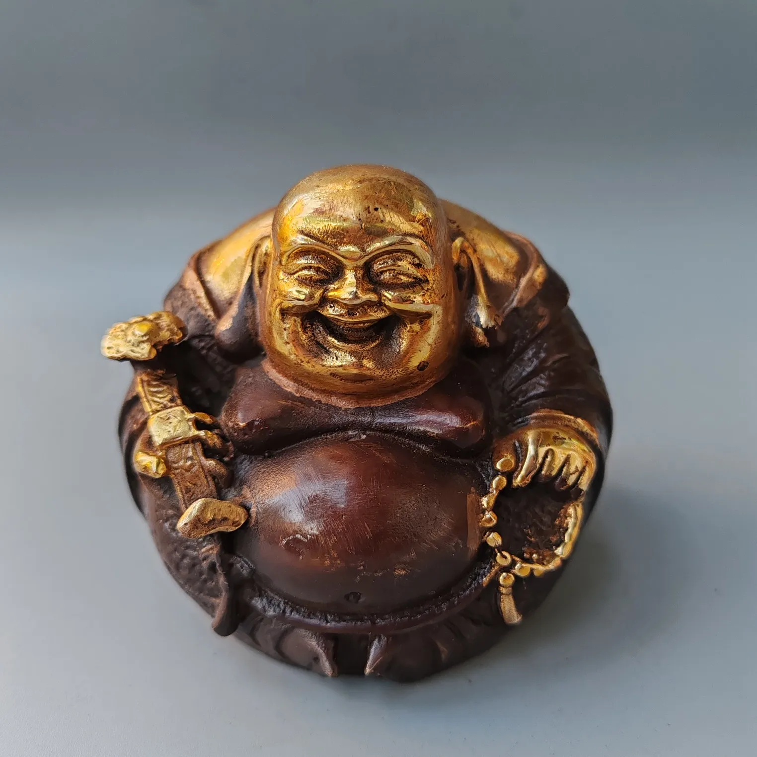 7~8cm Antique pure copper gilded Maitreya Buddha ornament with patina, rosy and heavy texture, excellent quality