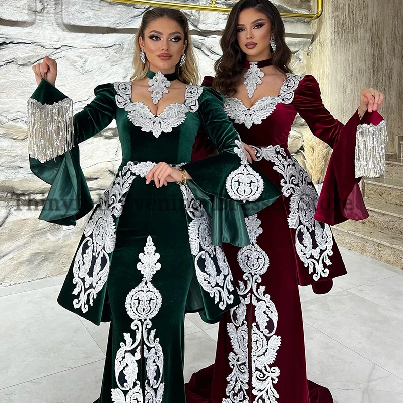 Thinyfull Mermaid Moroccan Caftan Evening Dresses Detachable Train Velvet Dubai Saudi Arabic Evening Dress Appliques Prom Dress