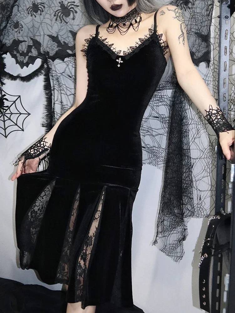 

Sexy Spaghetti Strap Backless Velvet Woman Long Gothic Cross Dress Black Lace Patchwork Dress Style Maxi Harajuku Emo Partywear