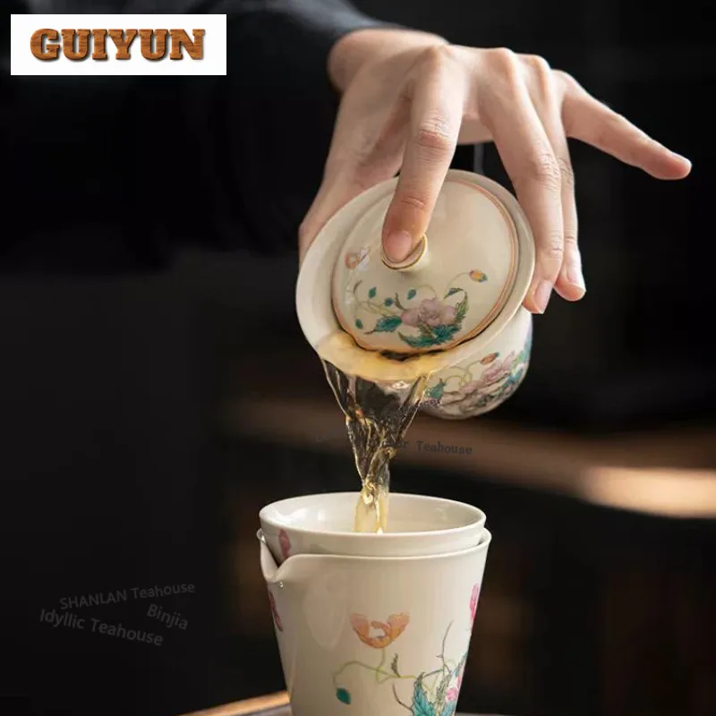 Hand Painted Poppy Gaiwan Vintage Anti-scald Tea Tureen Tea Bowl With Lid Kit Tea Brewing Cover Bowl Cha Supplies Decoration