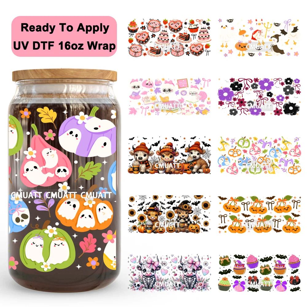 

Spooky Halloween Pumpkin Boo Highland Cow 16OZ UV DTF Cup Wraps Ready To Apply Waterproof Transfer Stickers For Libbey Glass Can