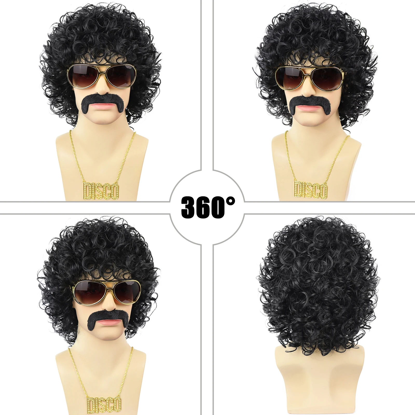 5PC Synthetic 70s 80s Disco Wig Short Afro Curly Wig for Men 60s Rocker Hippies Hair Costume Cosplay Daily Party Halloween