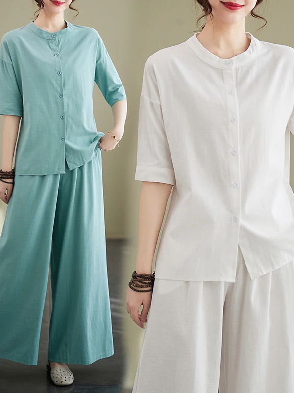 

Модный хлопковый льняной комплект, женские свободные широкие брюки Svel irt, утягивающий костюм из двух предметов, осень-лето, мама Sle