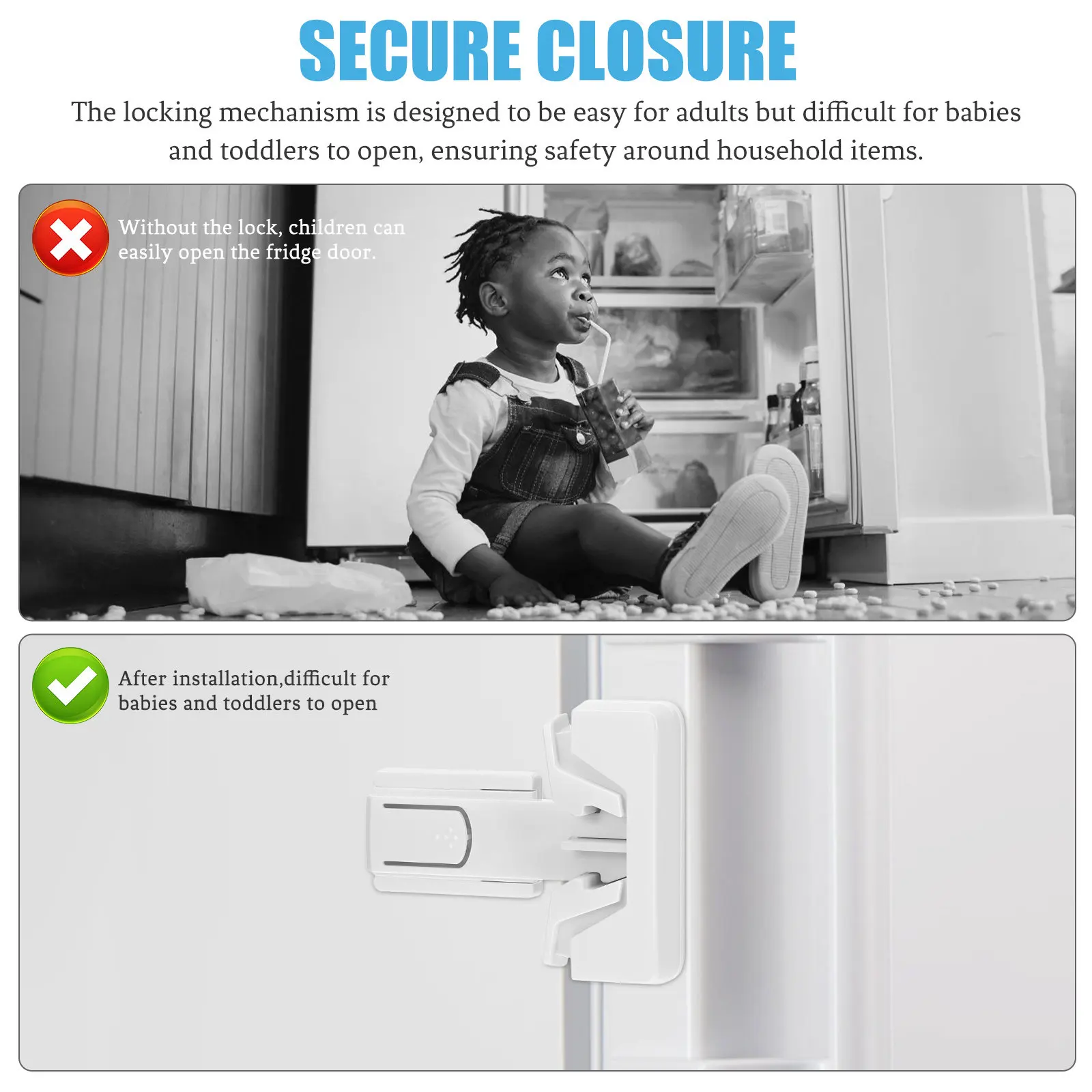 2Pcs White Cabinet Child Locks Discreet Design Easy Adult Use Hard for Toddlers Fridge Freezer Pantry Cabinet Safety Lock