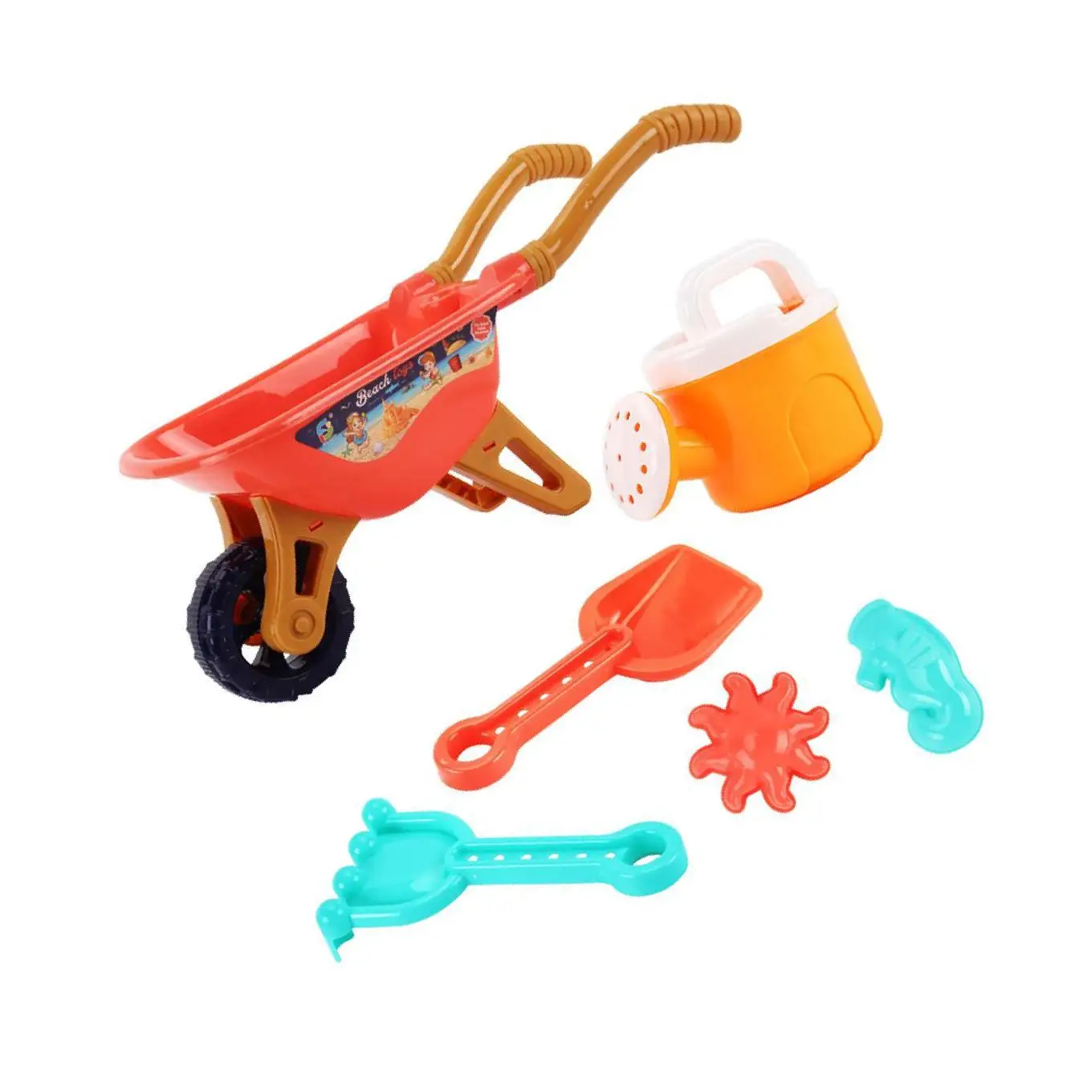 

6pcs Beach Sand Toys Trolley Rakes Watering Can Outdoor Tools Kits Orange