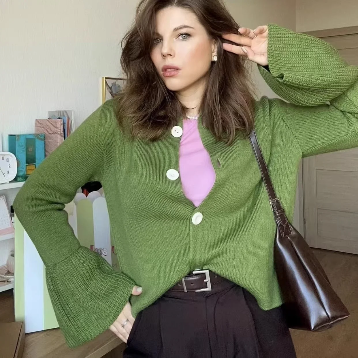 

Свободный длинный вязаный кардиган све, однотонный круглый свитер Ne, теплый свитер для поездок на работу, осенняя верхняя одежда, женский трикотаж