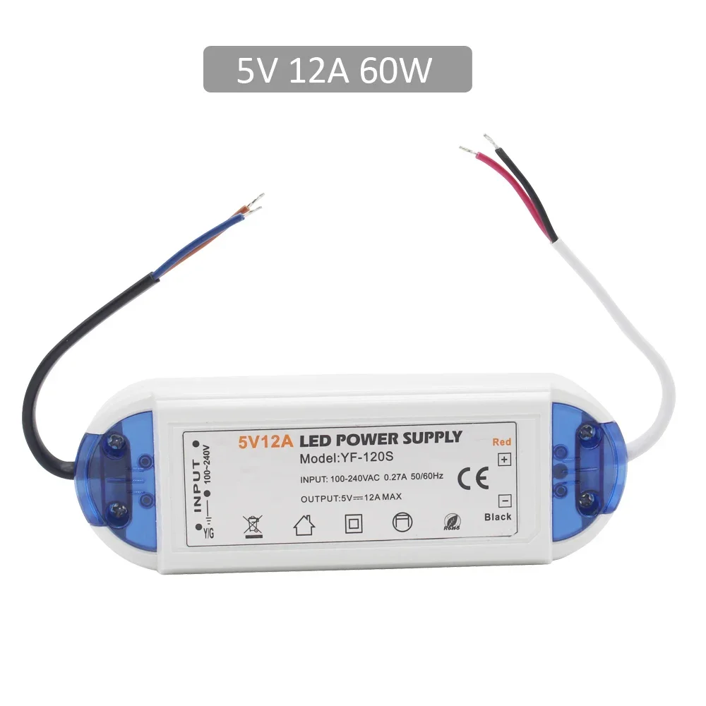 5V 12V Power Supply LED Driver Adapter 60W 72W 100W AC 110V 220V to DC 5V 12V 6A 8A 12A 20A LED Strip Transformer 2Pin Wire