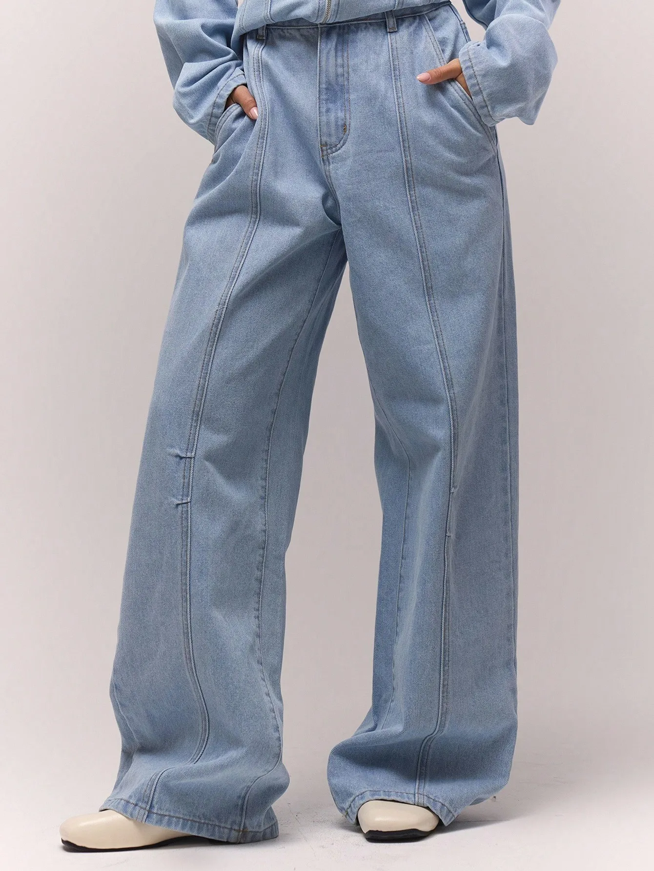 Jeans de Mezclilla de Pierna Ancha para Mujer, Cintura Alta, Corte Globo, Lavado Claro, Pantalones Casuales para Otoño y Uso Diario