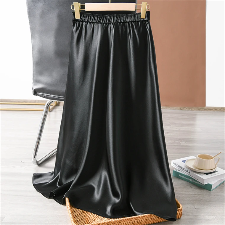 Solid Satin Long Skirts for Women 2026 Spring Summer Casual All-match Big Hem A Line Skirts High Waist Maxi Skirt Female Clothes