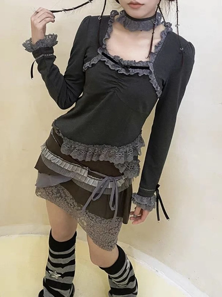 Deeptown Y2K Vintage Gray T Shirts Women Harajuku Grunge Patchwork Long Sleeve Tees Fairycore Lace Slim Crop Tops Kpop Aesthetic