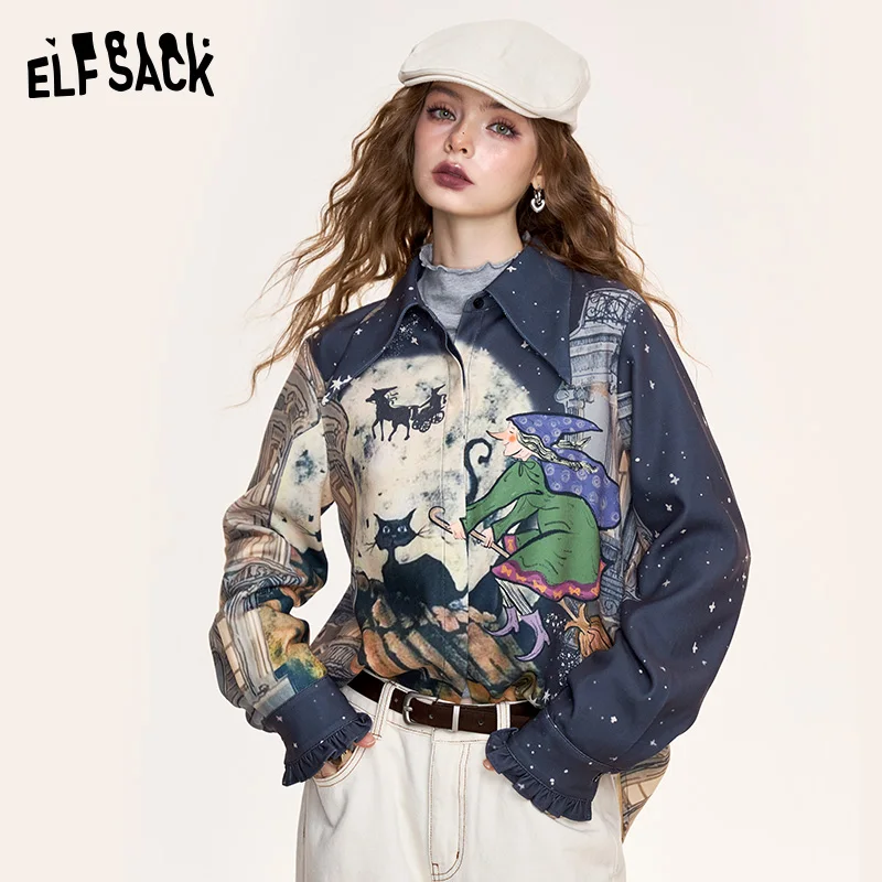 ELFSACK 2024 Winter New Arrivals Original illustrations full print casual shirts for women, retro college style tops