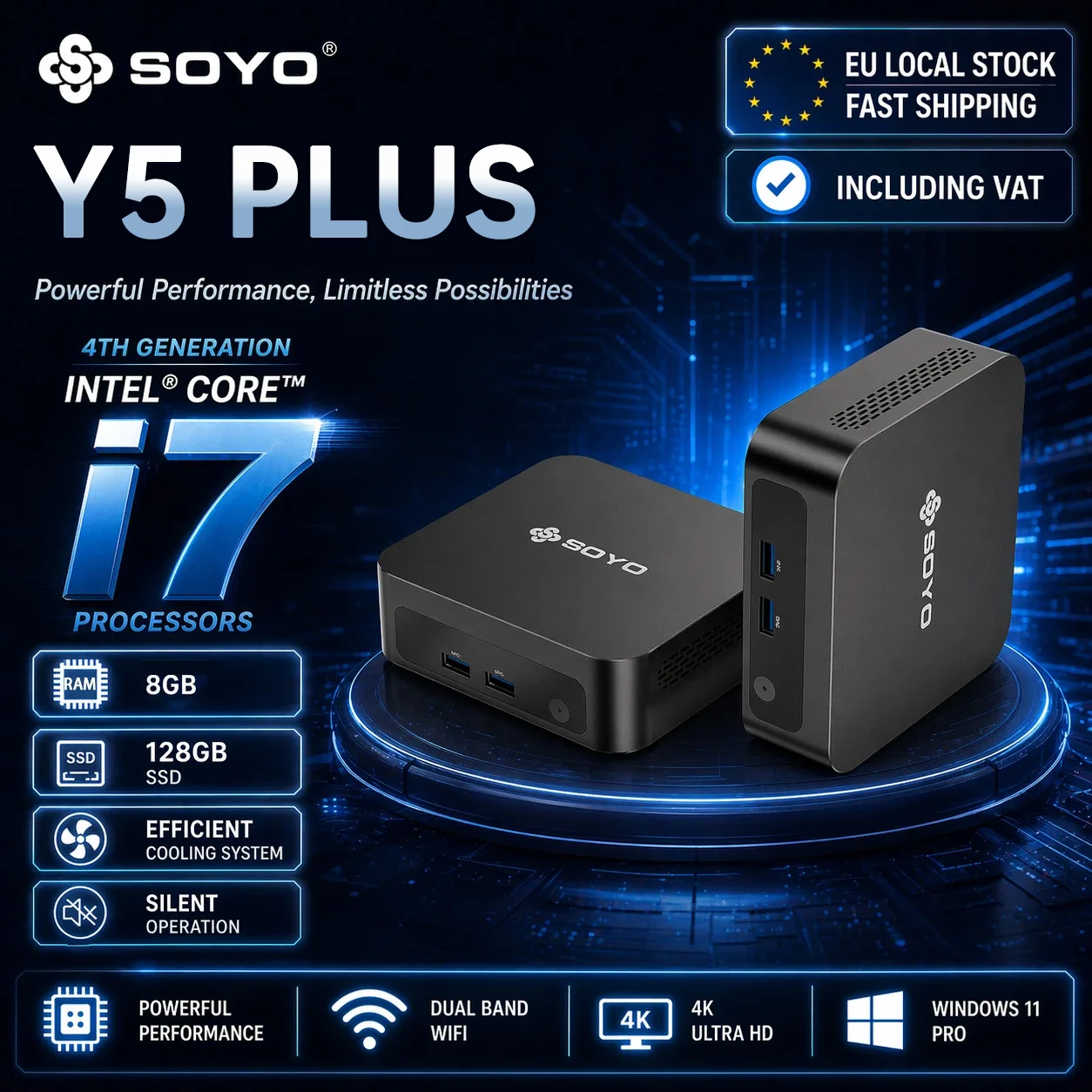 SOYO Y5 Plus Mini PC Intel 4e generatie Intel Core i7 processor 8GB RAM 128GB SSD Windows 11 PRO Bluetooth WIFI5 Display Mini-computer