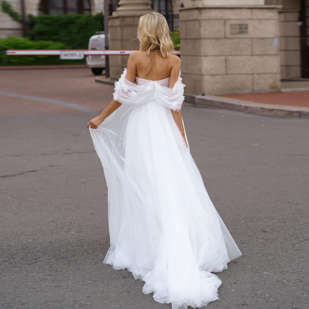 Elegant Tulle A Line Wedding Dresses Strapless Off Shoulder Bridal Growns Appliques Flowers Illusion Sweep Vestidos De Novia