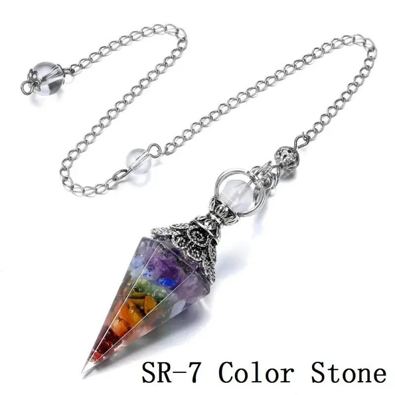 Ancient silver crystal semi-precious stone natural colorful gravel pendulum, hexagonal cone pendant spirit ornament