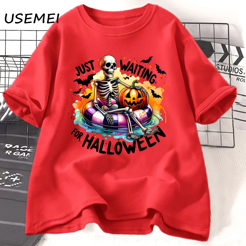 Solo in attesa di magliette di Halloween divertente Halloween spettrale autunno scheletro T Shirt cotone manica corta abbigliamento donna