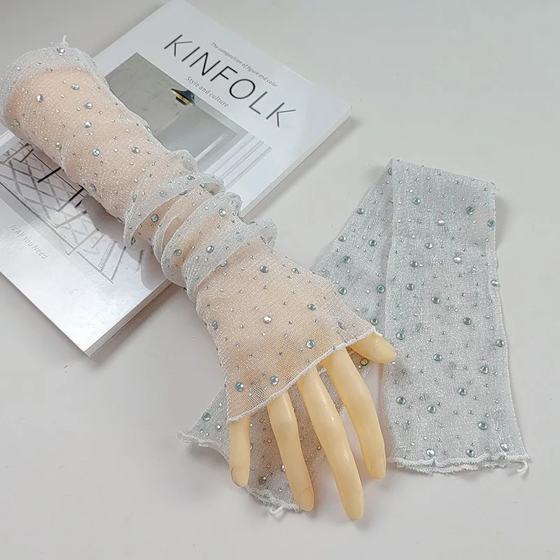 Fashionable shiny rhinestone ice silk sunscreen gloves for women's summer long lace sleeves for outdoor riding and driving