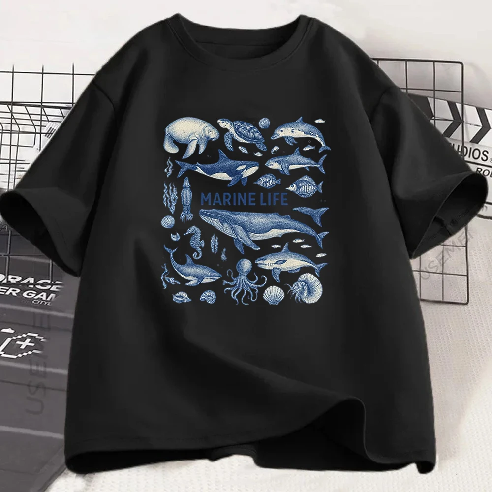 Marine Life T Shirt Vintage Whale Shark Graphic Tee Ocean Biology Illustration Top Casual School Sea Turtle Apparel
