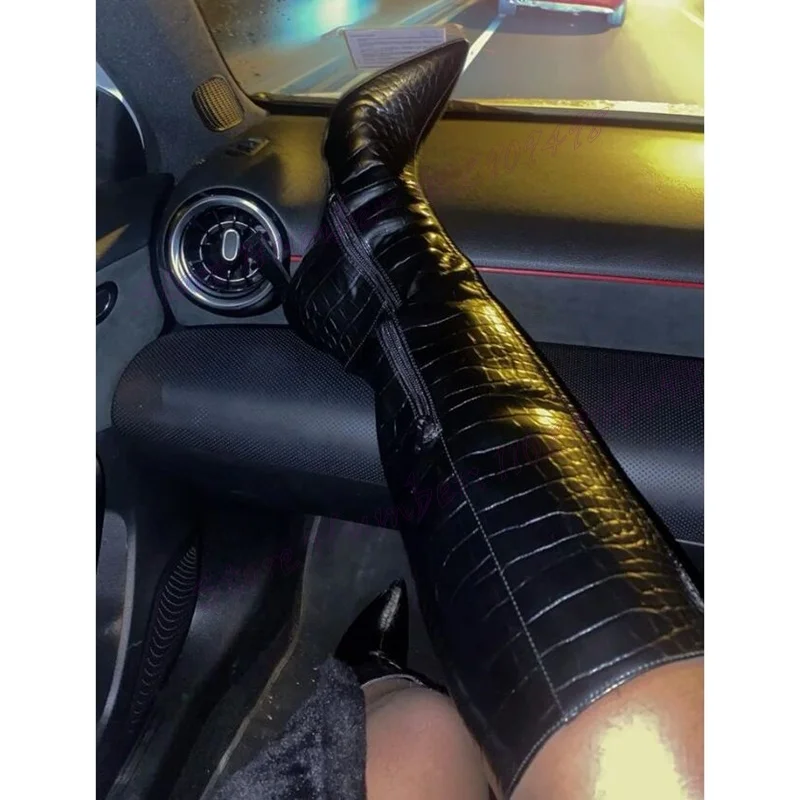 Schwarze Krokodilleder-Kniehohe Stiefel, spitze Zehenschuhe für Frauen, Stilettos, High Heels, sexy Damenschuhe, 2025, Zapatos Para Mujere