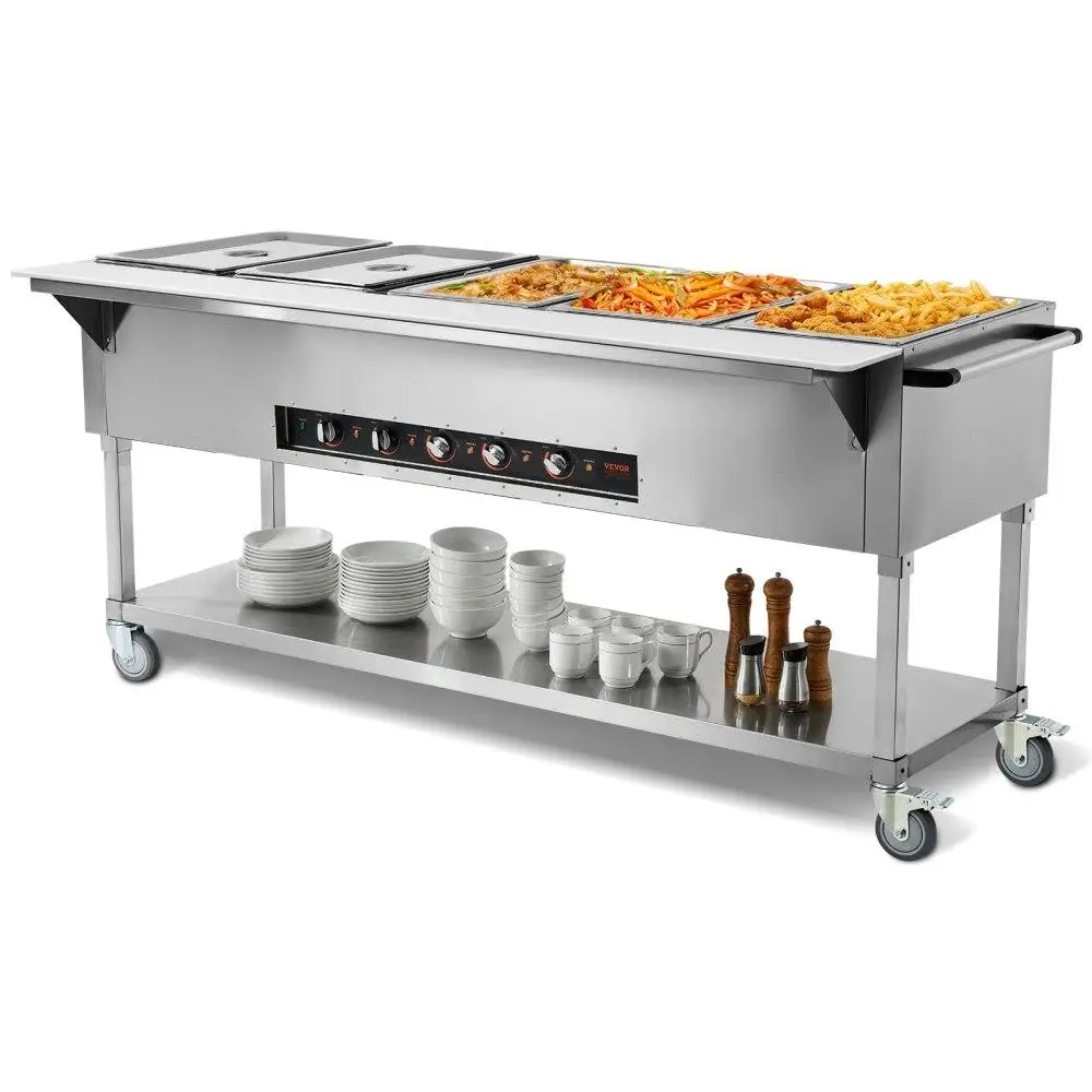

Электрическая грелка с 5 кастрюлями, 20,6 QT, паровый стол для шведского стола, нержавеющая сталь 3750 Вт, с 4 колесами для ресторана, вечеринки