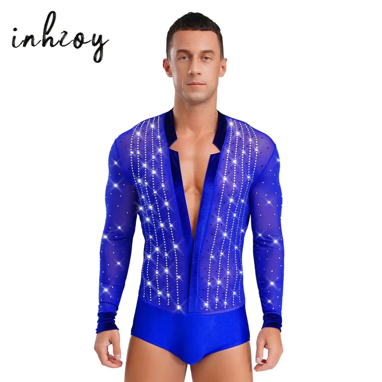 

Men Latin Jazz Dance Leotard Long Sleeve Deep V-neck Velvet Sheer Mesh Patchwork Shiny Rhinestones Bodysuit ChaCha Samba Rompers
