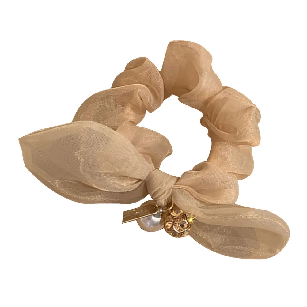 1Pcs Organza Pearl Bow Hair Tie Elastic Gentle Ponytail Holder for Women Girls Wedding Party Birthday Gift Head Accessory