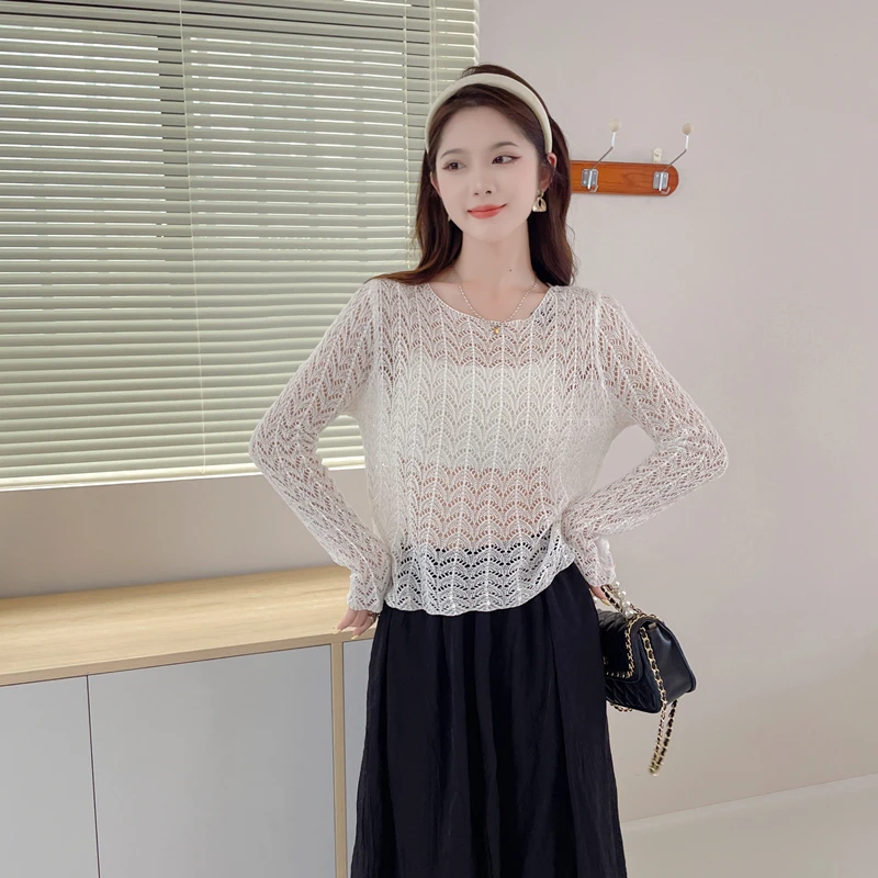 Pointelle Knit Sweater Sheer See-Through Long Sleeve Pullovers for Women Teengirl Spring Summer Boho Cover Up Beach Outfit