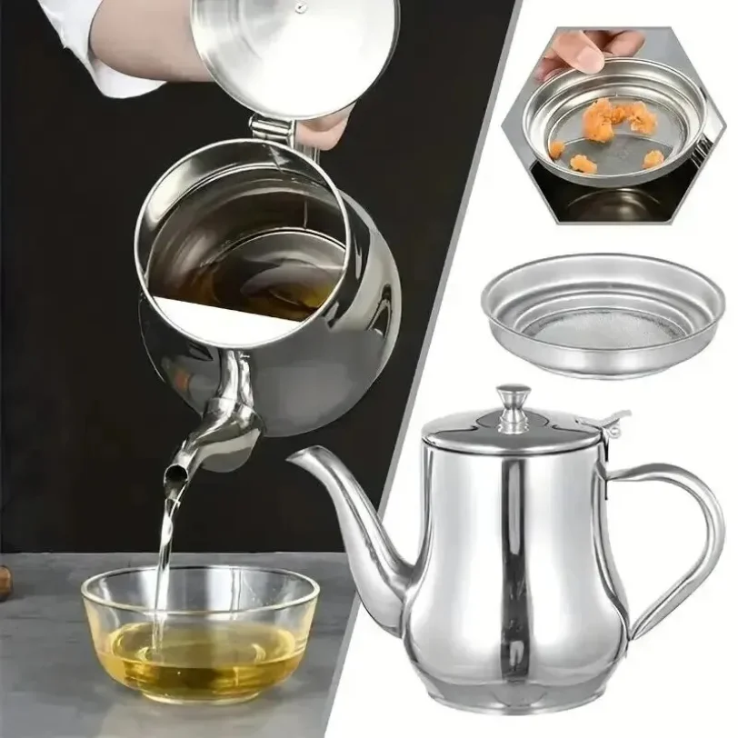 

1Pc Household Stainless Steel Oil Pot with Filter Oil Filter Pot Stainless Steel Cooking Oil Storage Pot Kitchen Gadget