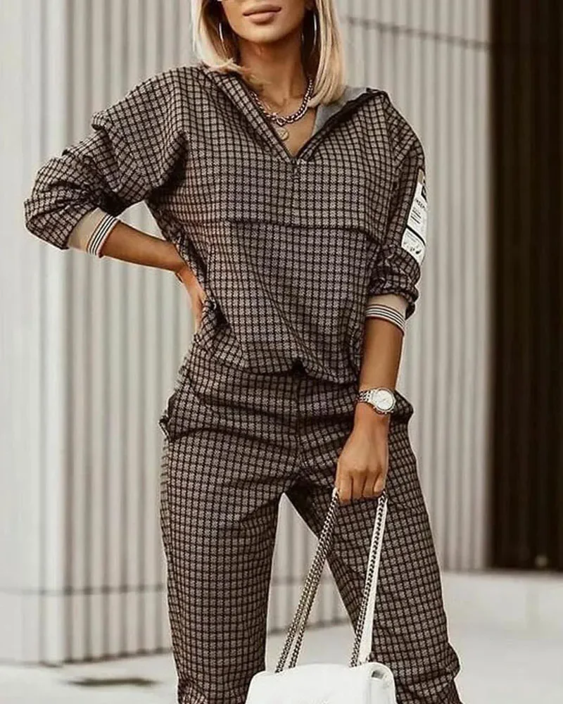 

2024 Spring New Women Long Sleeve Two Piece Set Sweatshirt Fashion Lattice Zipper Top Casual Pocket Trousers Ladies Suit