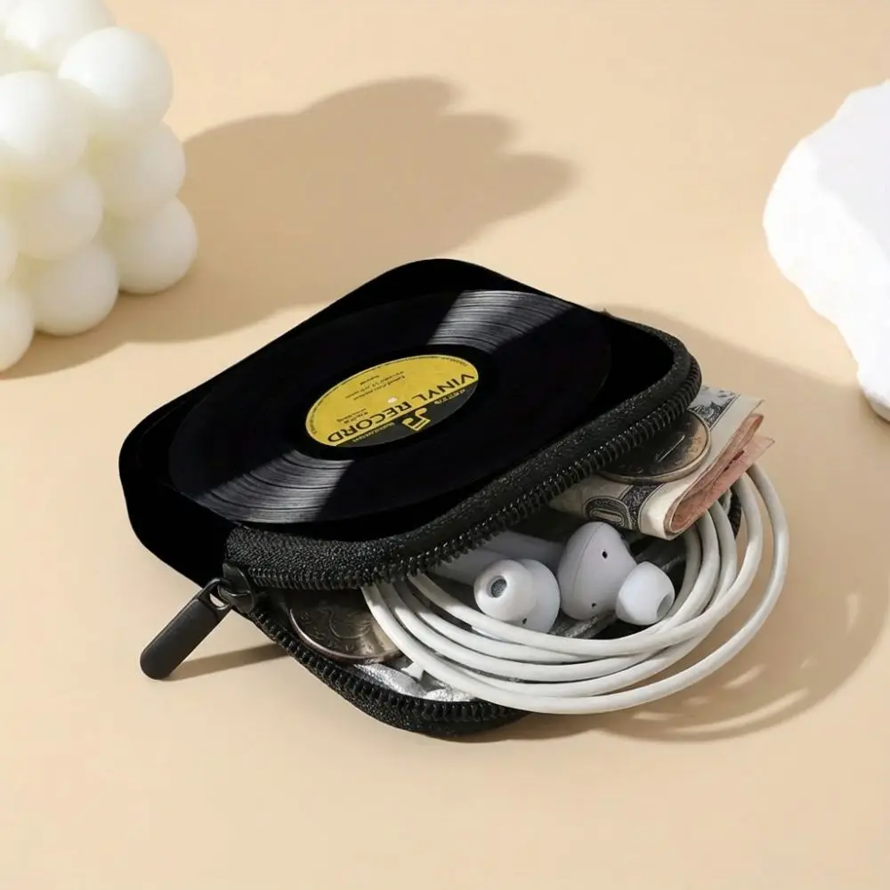 Creative Vinyl Record Pattern Mini Coin Purse PVC Lightweight Zippered Wallet Portable Water-resistant Earphone Bag Friends Gift