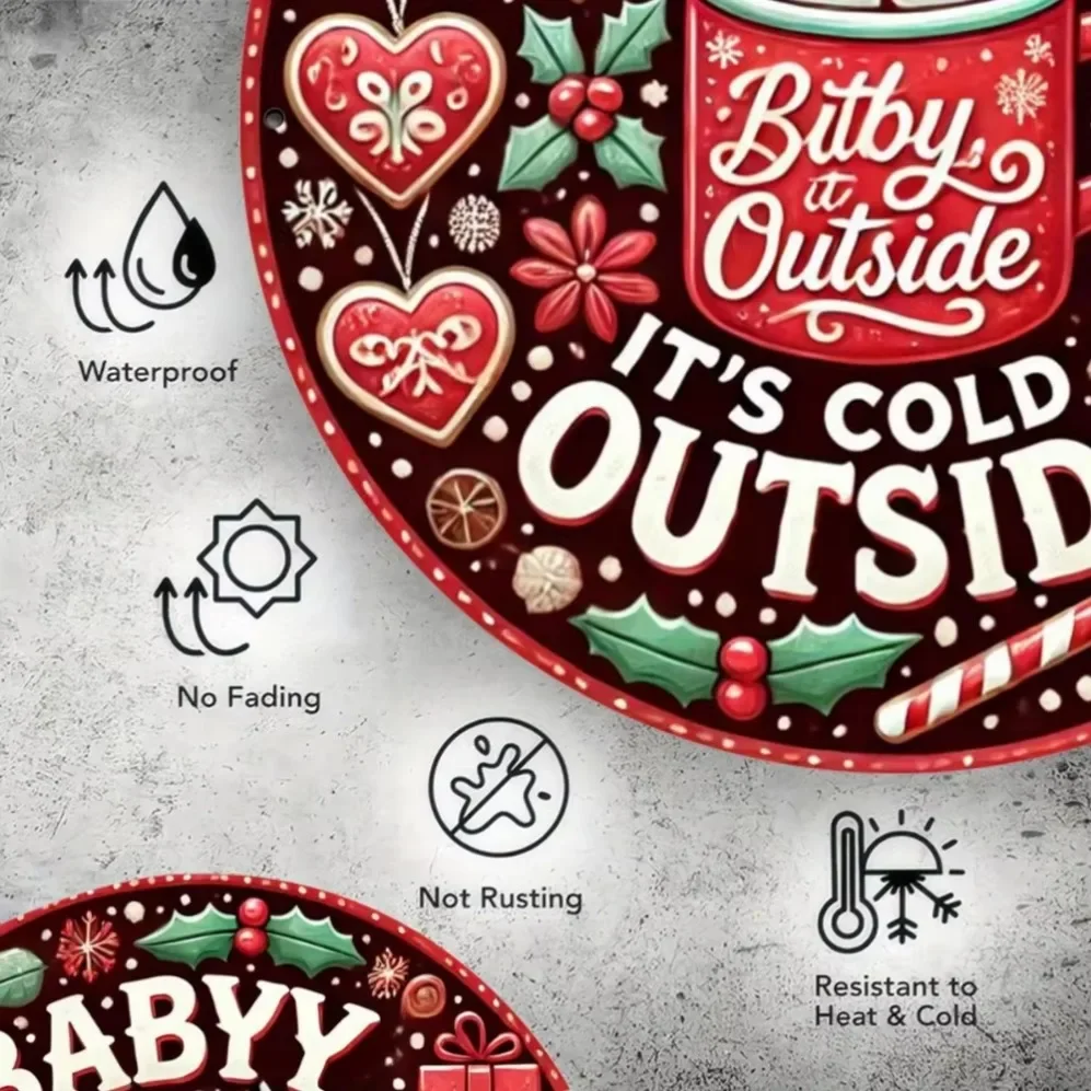 علامة معدنية لإكليل عيد الميلاد "Baby It's Cold Outside" - ديكور حائط دائري للعطلات