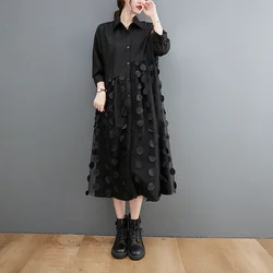 #4014 Spring Midi Dress Women Turn-down Collar Black Shirt Dress Long Sleeves Casual Loose Spliced Mesh A Line Dress Midi Sexy