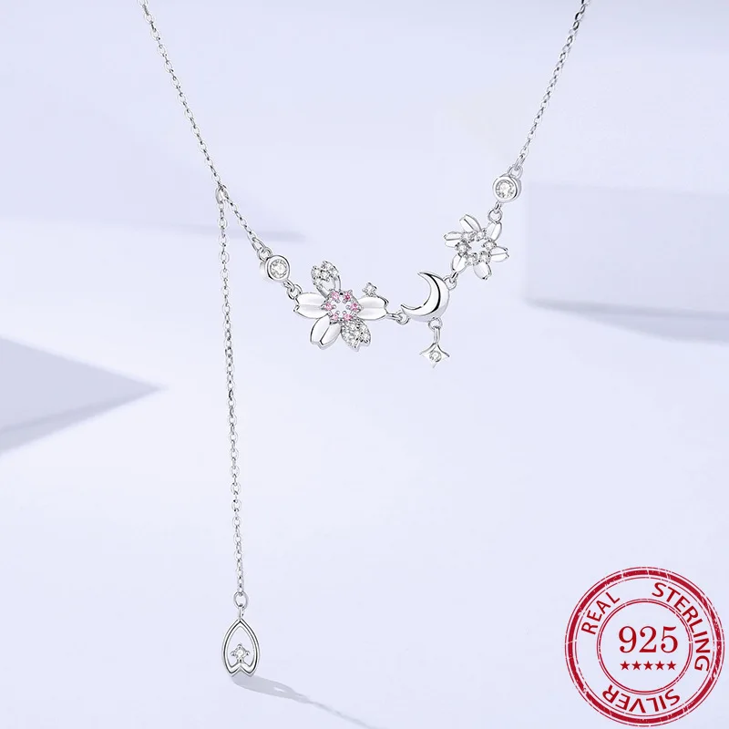 Fashion jewelry new cherry blossoms s925 sterling silver necklace fairy gentle fairy wind flower moon fringed collarbone chain