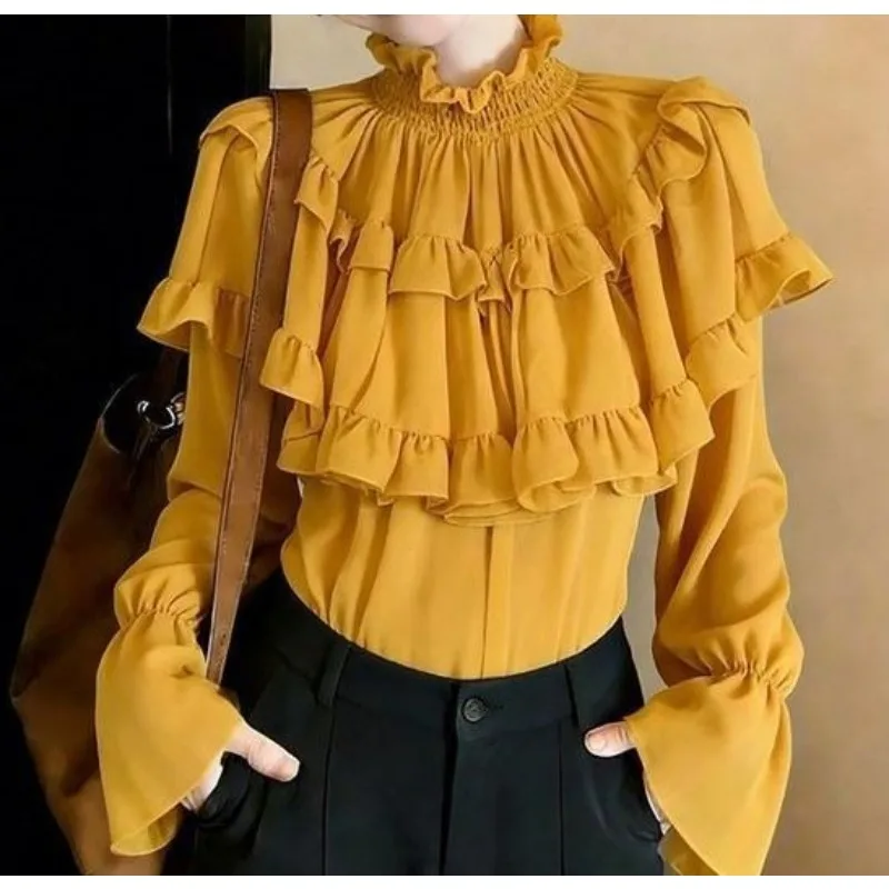 

Spring 2026 Yellow Long-sleeved Stand-up Collar Shirt Women's Light Luxury Temperament Design Sense Age-reducing Top
