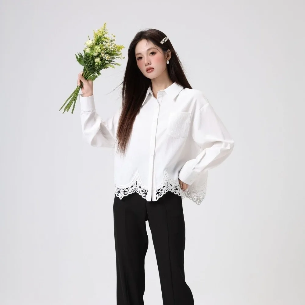 

Irregular Lace Women's Plain Lace Shirt Leisure Lapel Streetwear Korean Style Blouse Simple White Lace Shirts Tops Business