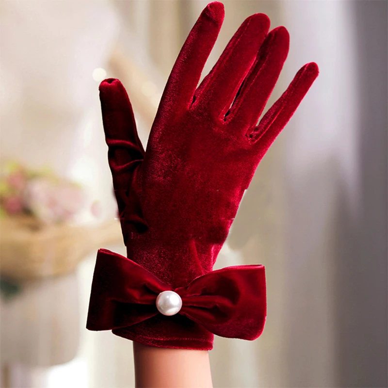 Guantes negros Retro de terciopelo con lazo para mujer, accesorios de fotografía de estudio, manoplas para vestido de novia, guantes cortos para