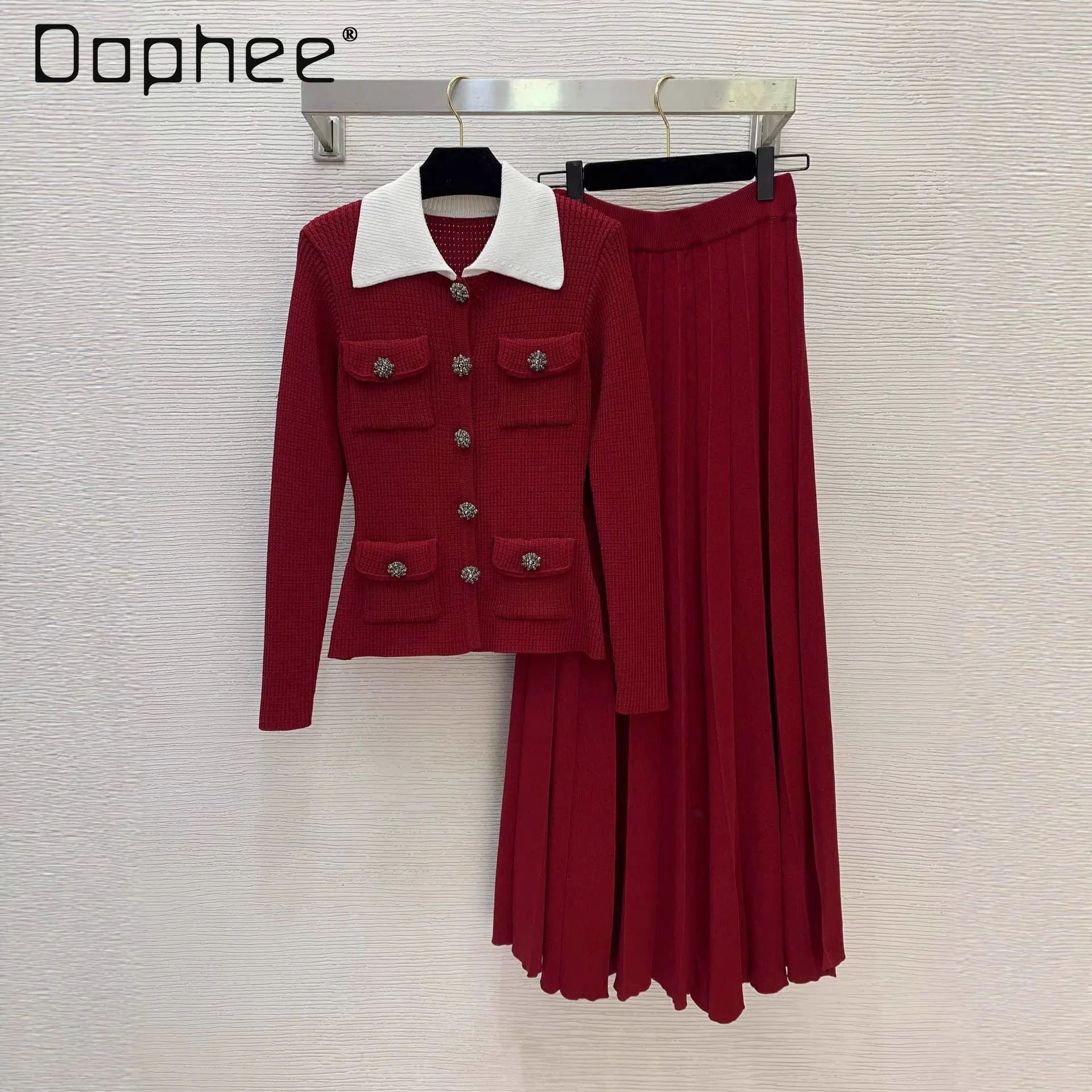 

Luxurious Beaded Rhinestone Button Contrast Color Lapel Slim Long-sleeve Knit Top Pleated Skirt Hepburn-style Elegant Lady Sets