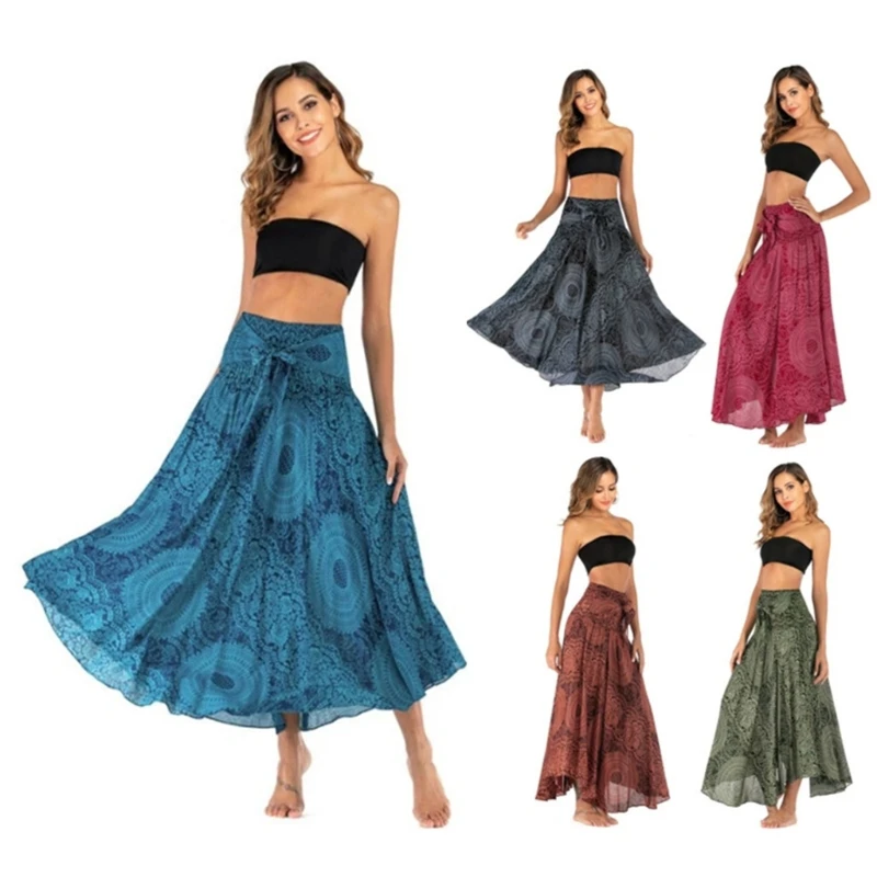 Women 2 In 1 Floral Print Long Skirt Bohemian Elastic Waist Maxi Skirts with Adjustable Strap Holiday Beach Halter Dress