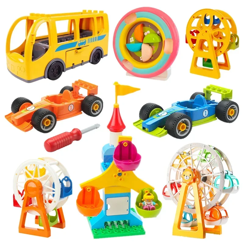 Bloques de construcción grandes para niños, Noria giratoria, autobús, coche de carreras, carrera de mármol, Compatible con Duplo, juguetes educativos creativos, regalo para niños