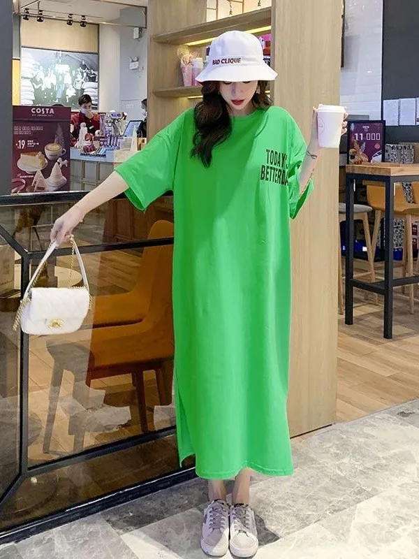 plus Size Women's Loose Slimming Short Sleeve T-Shirt Dress Mid-Length Knee-Over Long Dress Simple A-Line High Waist Commute ...