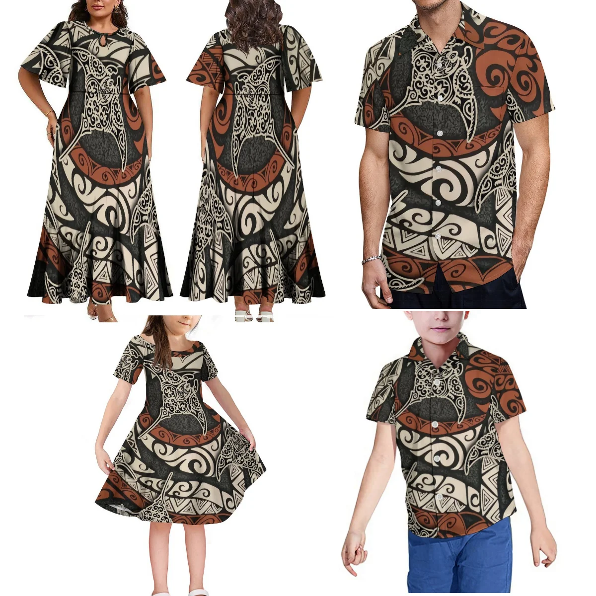 Samoa Island Custom Family Party Set Party Women'S Puffy Dress Summer camicia a maniche corte abbigliamento polinesiano per bambini adulti