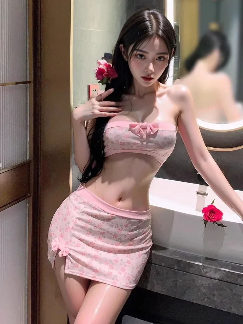 

Sexy Strapless Bow Split Broken Flowers Package Buttocks Skirt Set Cute Girl Fashion Two Piece Outfits For Women Streetwear 926F