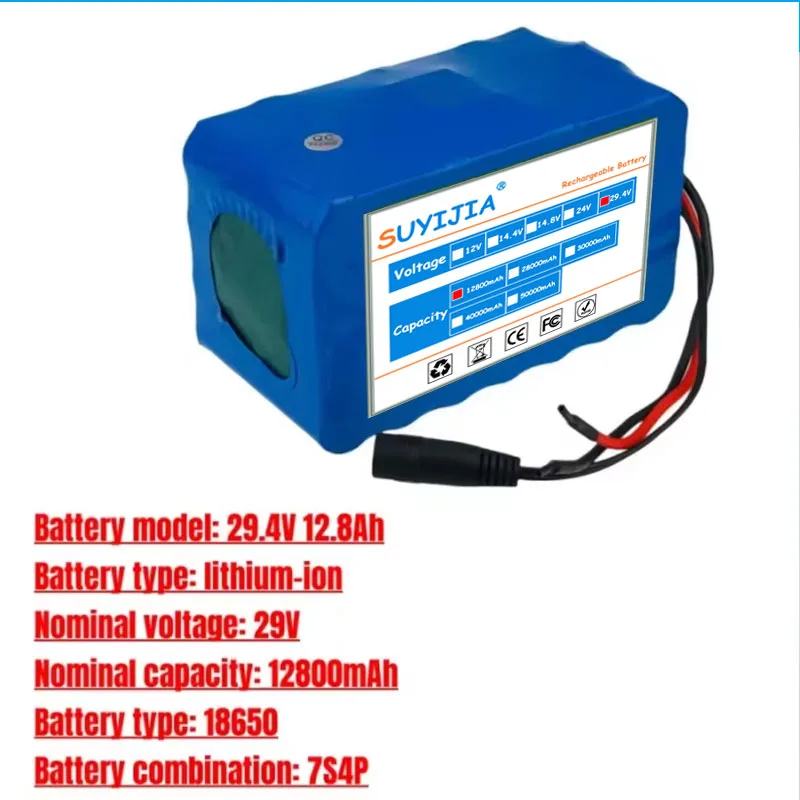 Batterie Rechargeable 18650 7S4P 29.4V, Batterie Au Lithium Haute Capacité 12800mAh, Chargeur 29.4V