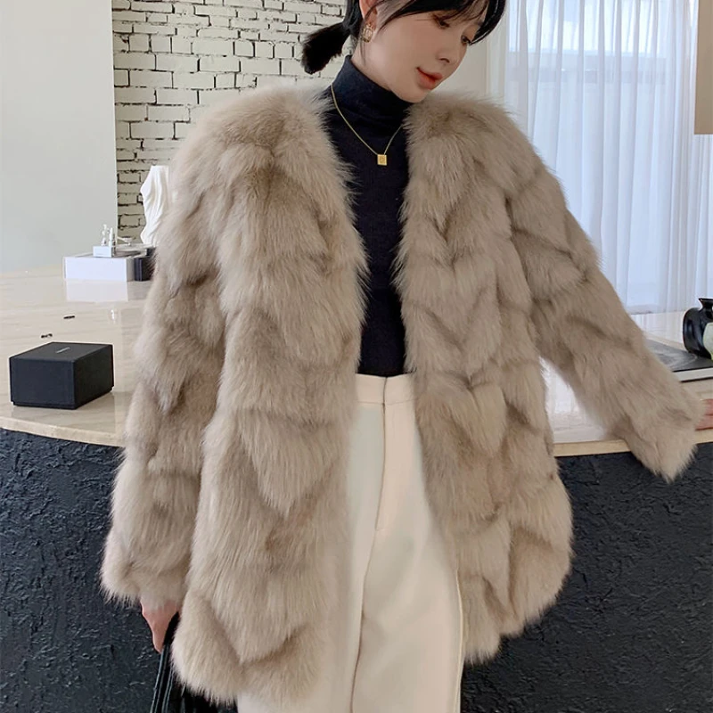 2023 Winter New Women Faux Fox Fur Coat Mid-Length Fashion v-neck High-Grade Outwear Female Elegant Warm Solid Color Outcoat