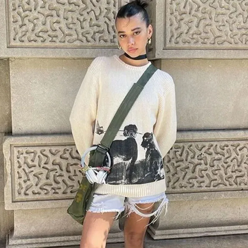 

Aesthetics Knitted Retro Art Street Oversized Knitwear Autumn Winter Gothic Harajuku Long Sleeved Round Neck Loose Women Sweater