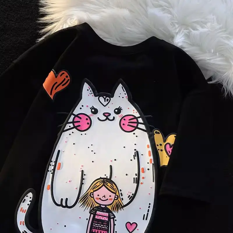 

Cartoon Cat Character Round Neck Short Sleeve T-shirt Couple Outfit Summer Casual Ins Top Men and Women Goth